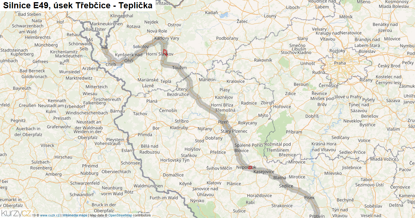 Úsek Třebčice - Teplička, Silnice E49 - Mapa