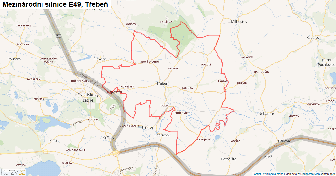 Třebeň, Silnice E49 - Mapa