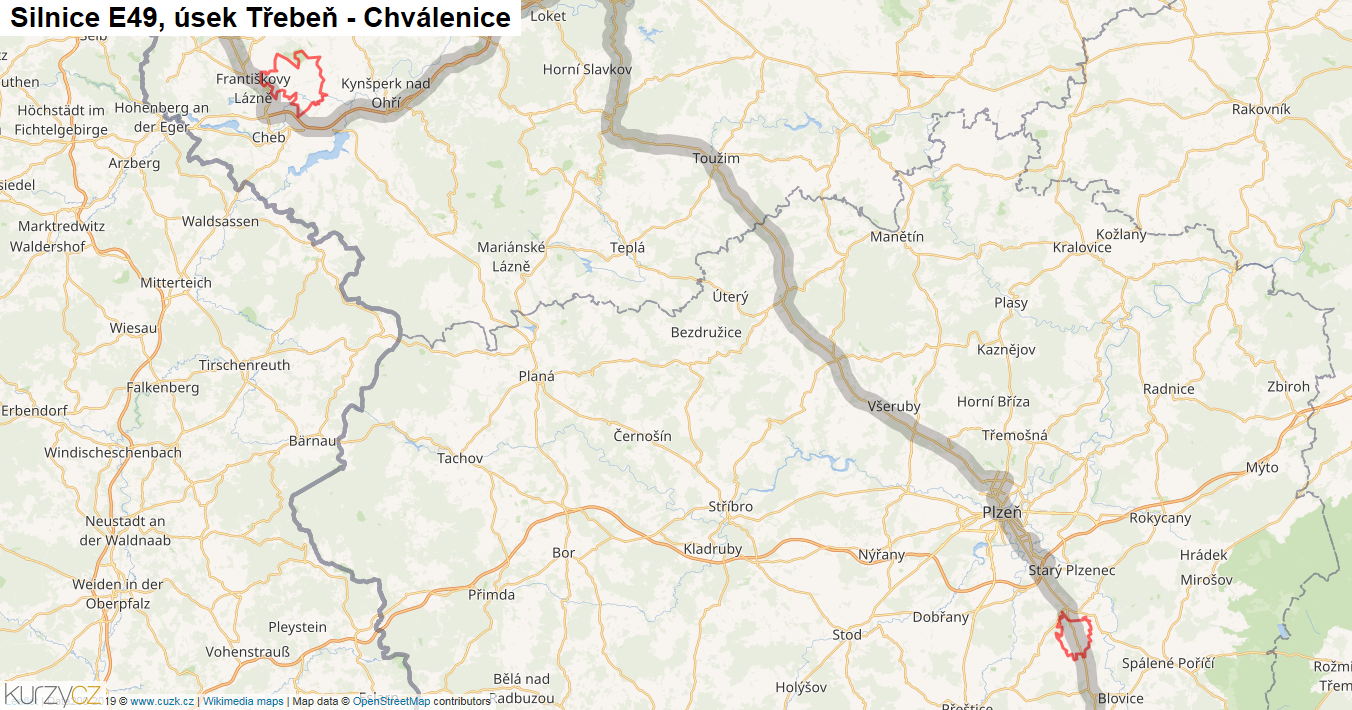 Úsek Třebeň - Chválenice, Silnice E49 - Mapa
