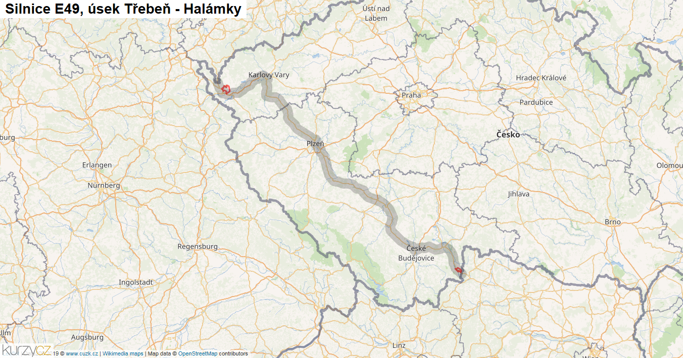 Úsek Třebeň - Halámky, Silnice E49 - Mapa