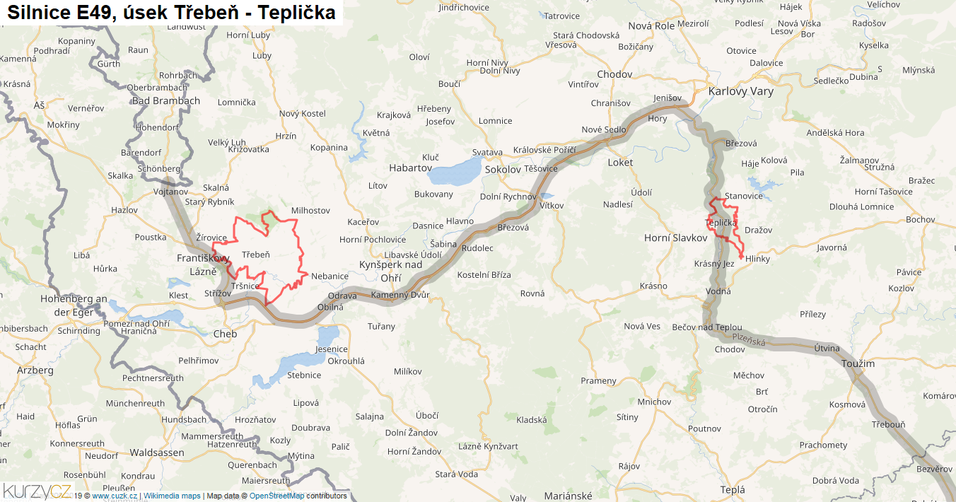 Úsek Třebeň - Teplička, Silnice E49 - Mapa