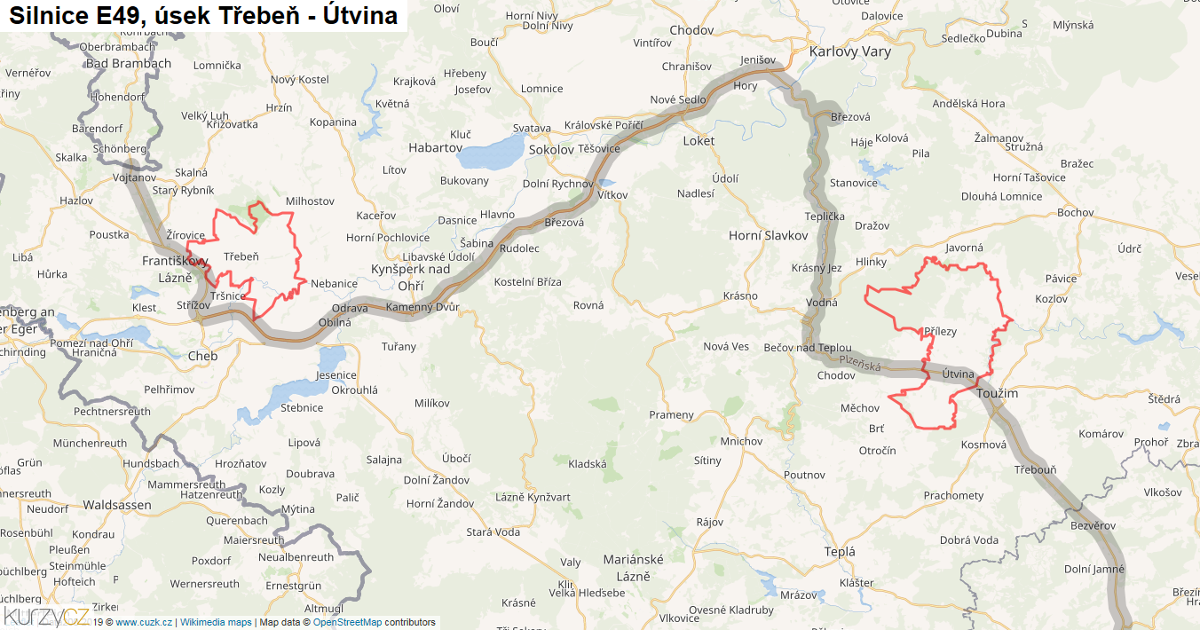 Úsek Třebeň - Útvina, Silnice E49 - Mapa