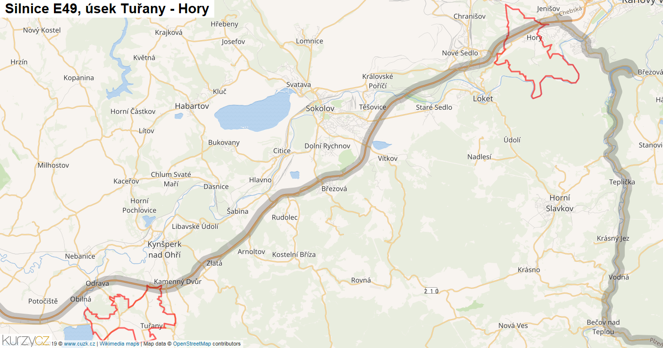 Úsek Tuřany - Hory, Silnice E49 - Mapa
