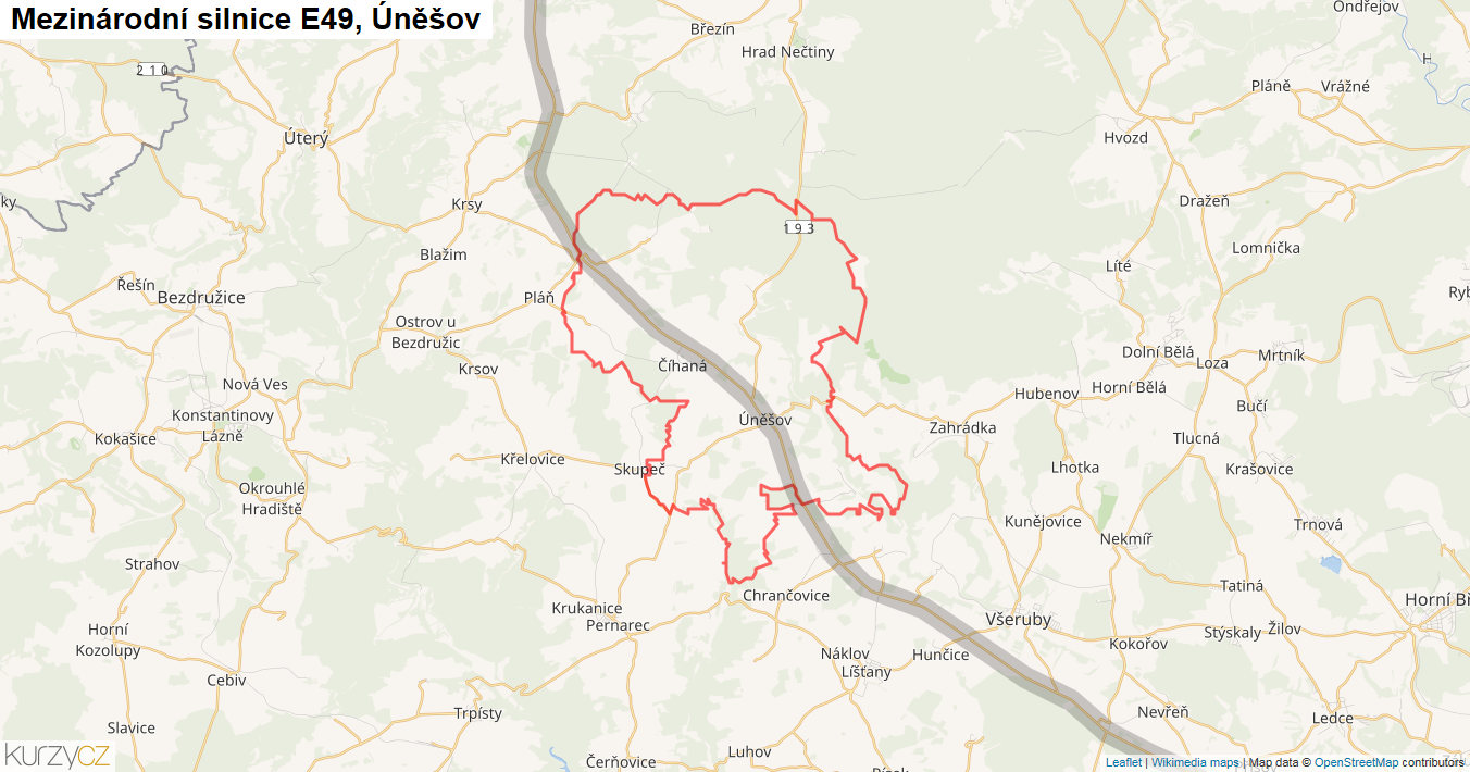 Úněšov, Silnice E49 - Mapa