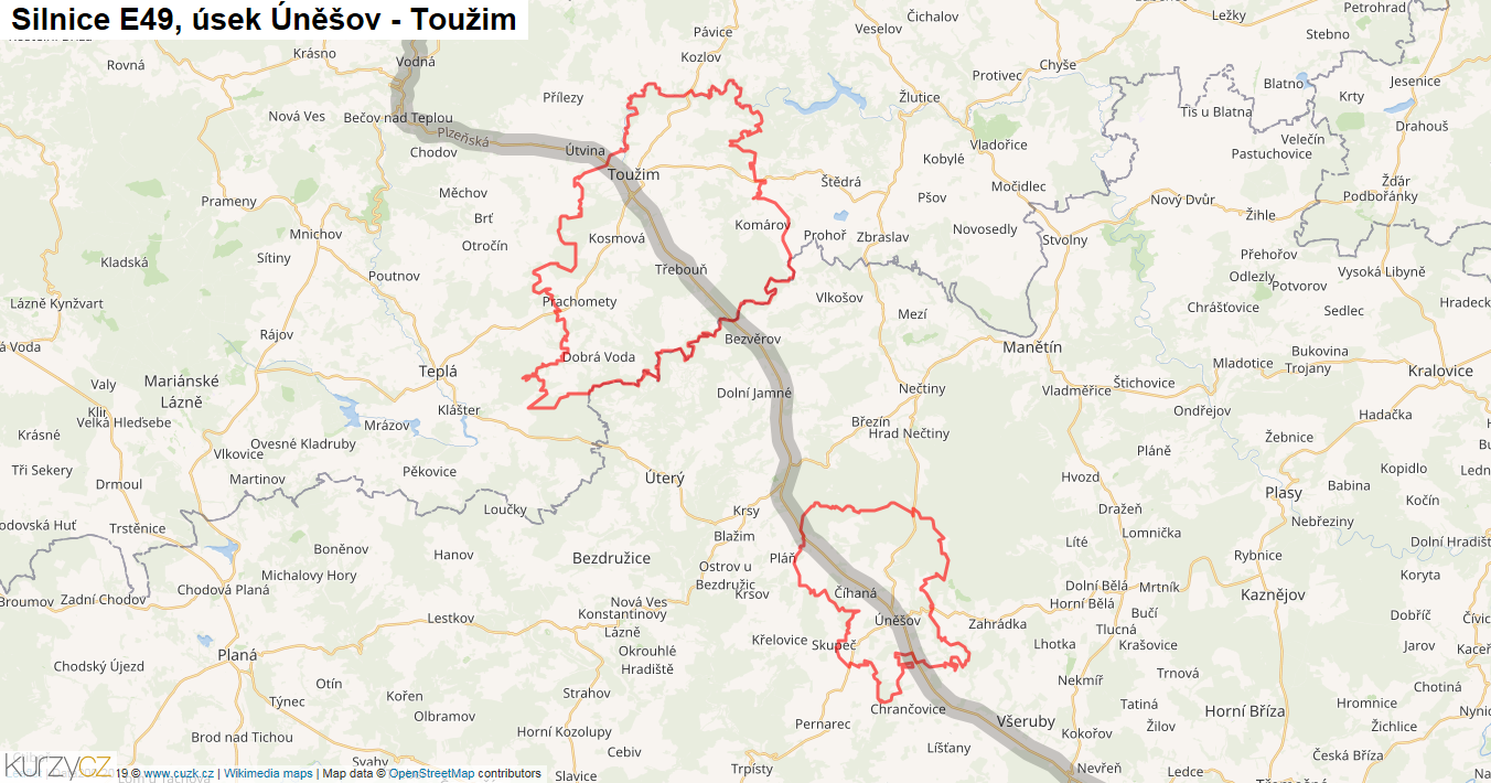Úsek Úněšov - Toužim, Silnice E49 - Mapa