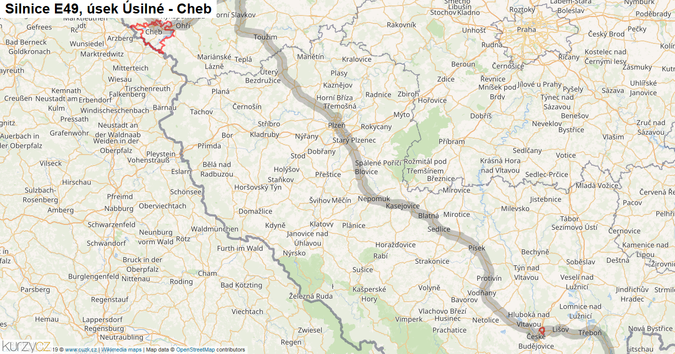 Úsek Úsilné - Cheb, Silnice E49 - Mapa