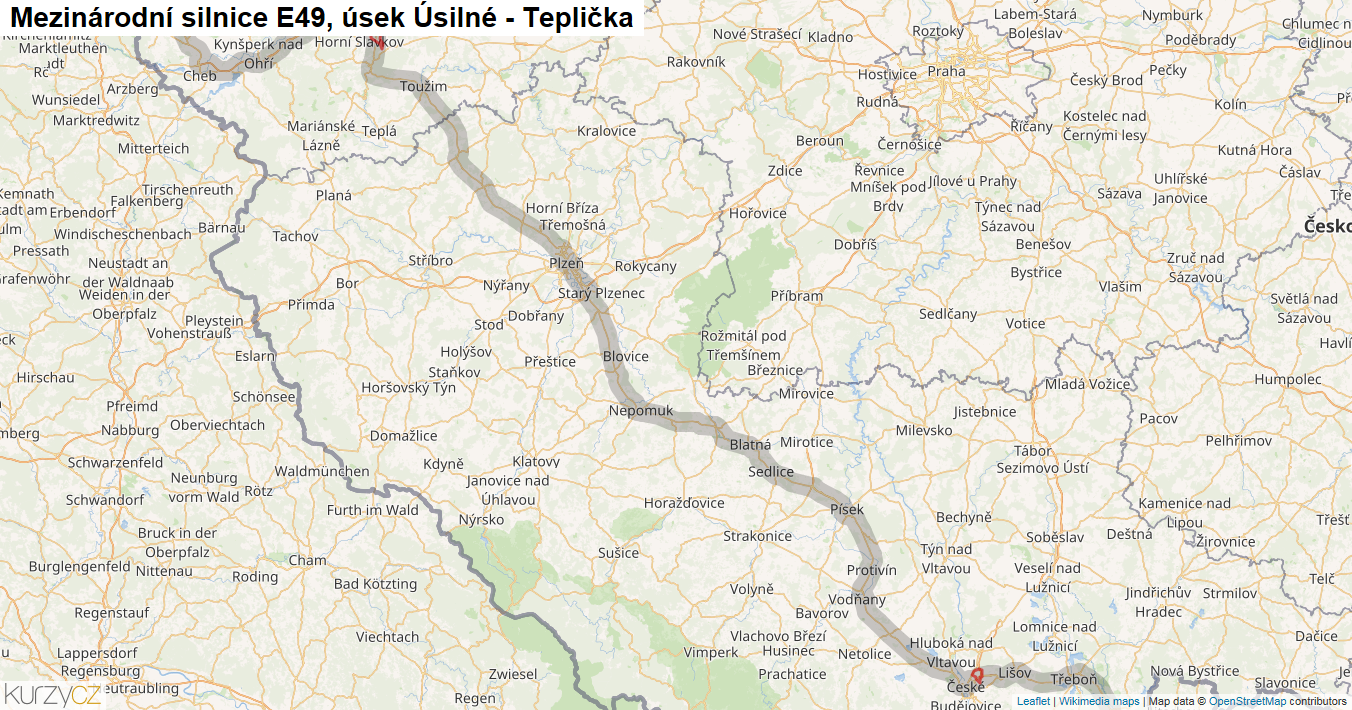 Úsek Úsilné - Teplička, Silnice E49 - Mapa