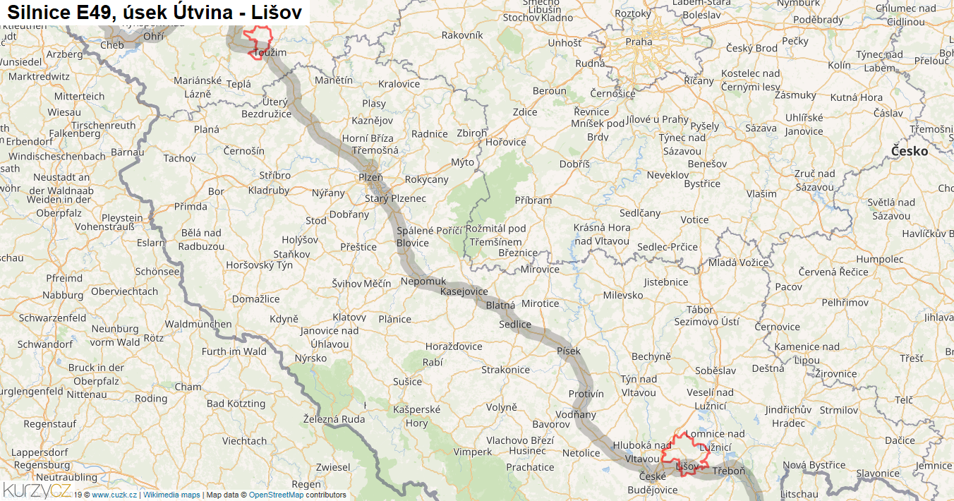 Úsek Útvina - Lišov, Silnice E49 - Mapa