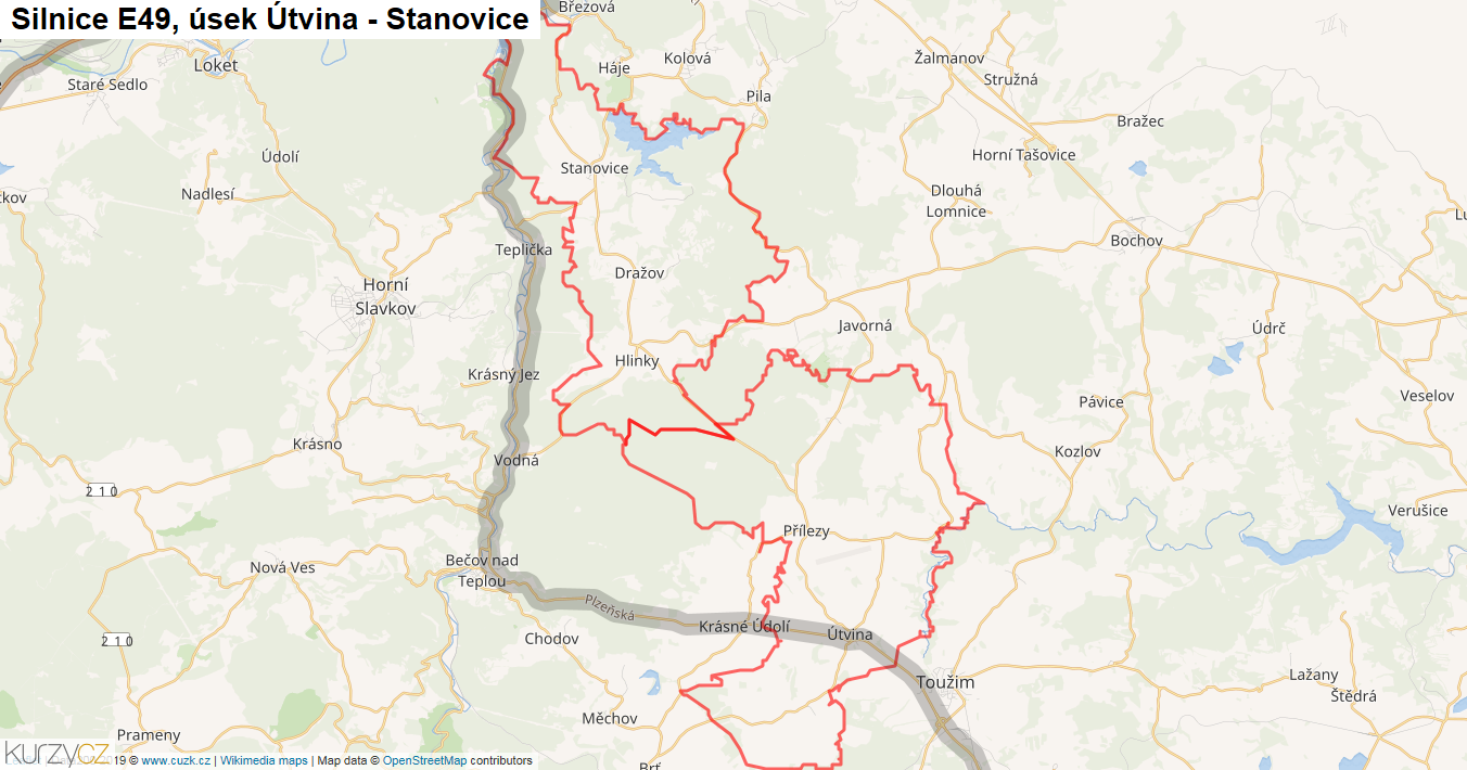 Úsek Útvina - Stanovice, Silnice E49 - Mapa