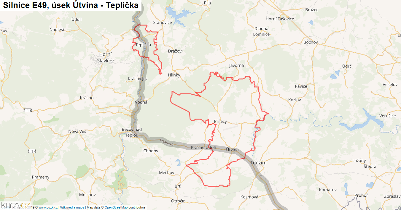 Úsek Útvina - Teplička, Silnice E49 - Mapa