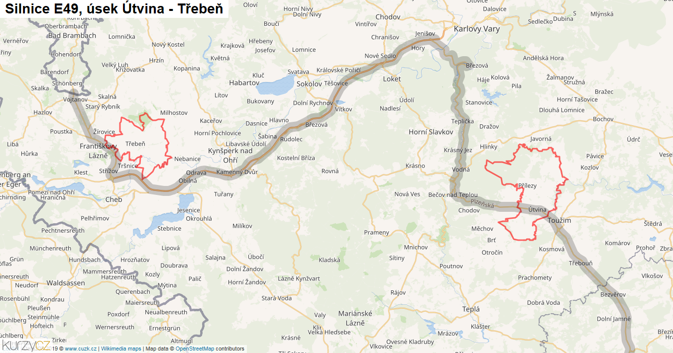 Úsek Útvina - Třebeň, Silnice E49 - Mapa