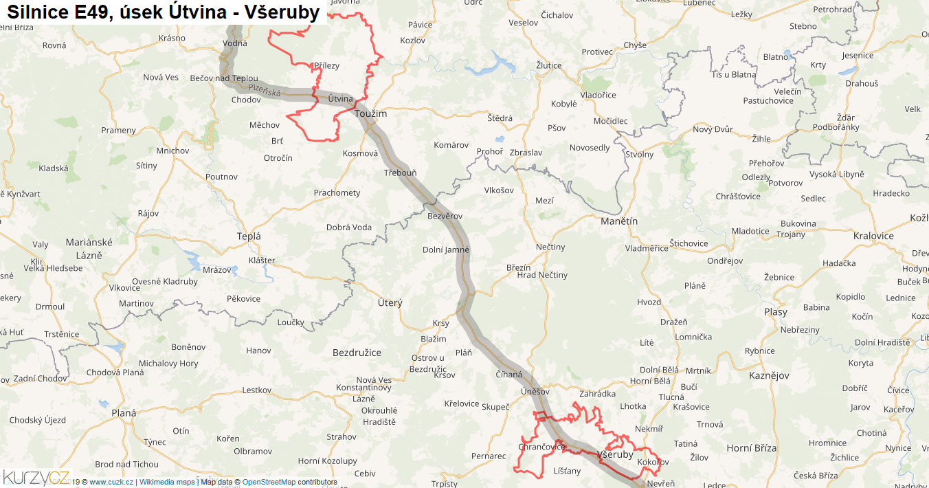 Úsek Útvina - Všeruby, Silnice E49 - Mapa