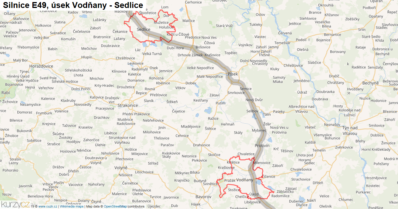 Úsek Vodňany - Sedlice, Silnice E49 - Mapa