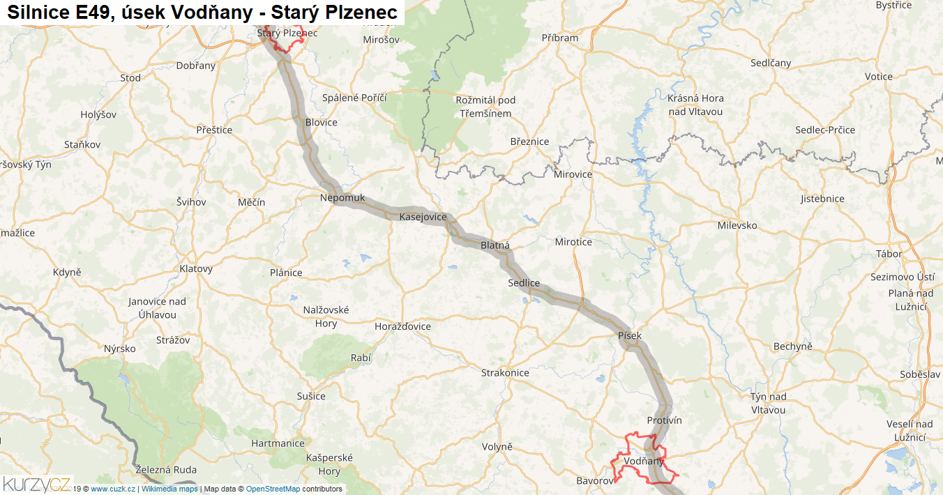 Úsek Vodňany - Starý Plzenec, Silnice E49 - Mapa
