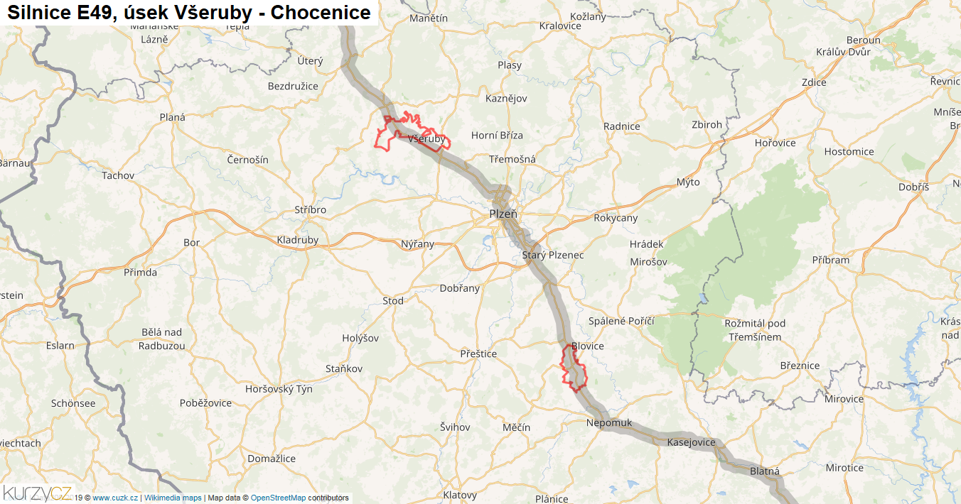 Úsek Všeruby - Chocenice, Silnice E49 - Mapa