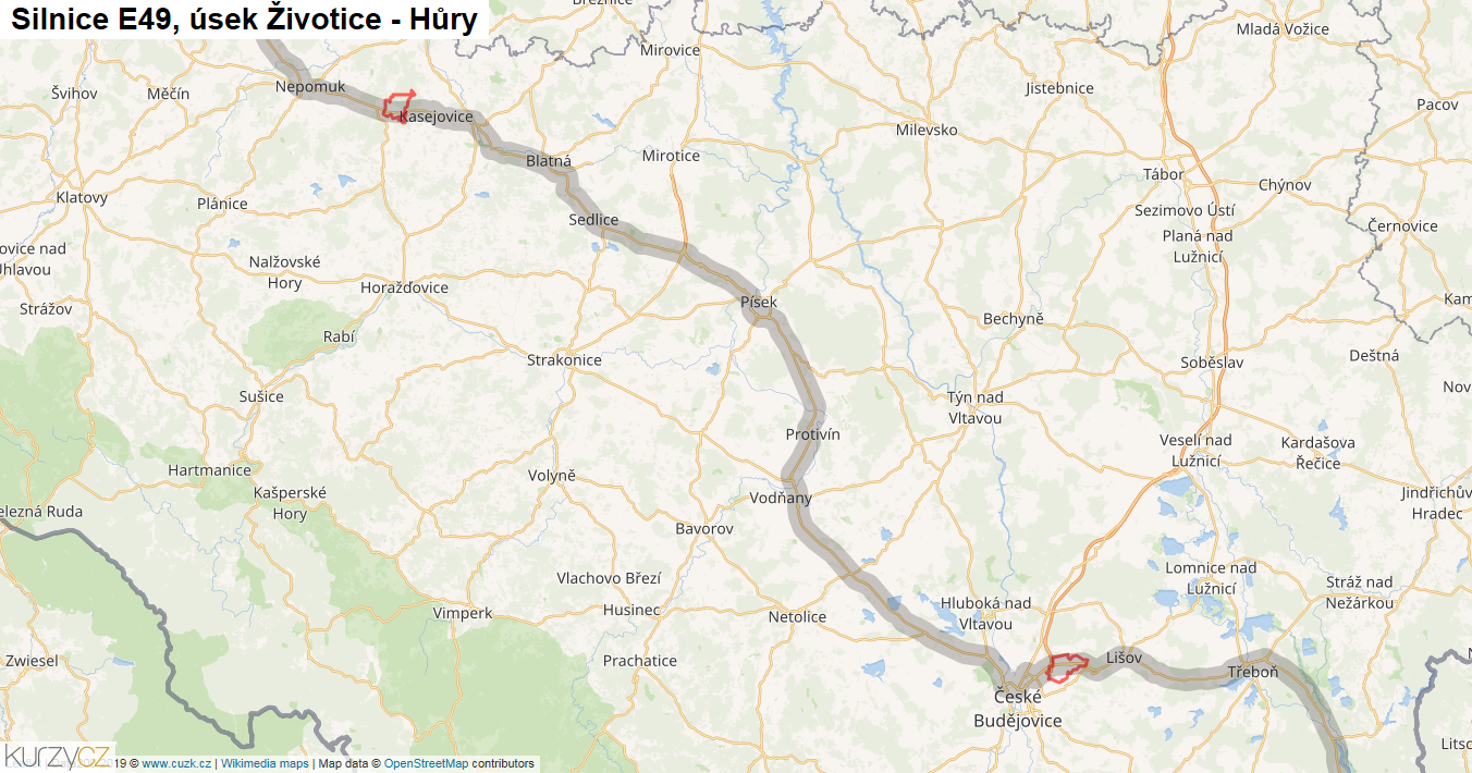 Úsek Životice - Hůry, Silnice E49 - Mapa
