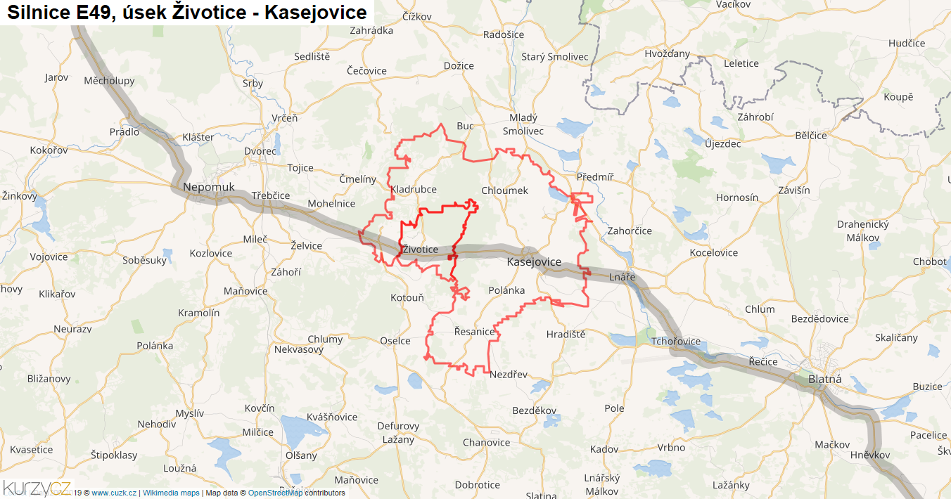 Úsek Životice - Kasejovice, Silnice E49 - Mapa