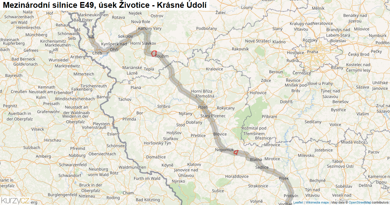 Úsek Životice - Krásné Údolí, Silnice E49 - Mapa