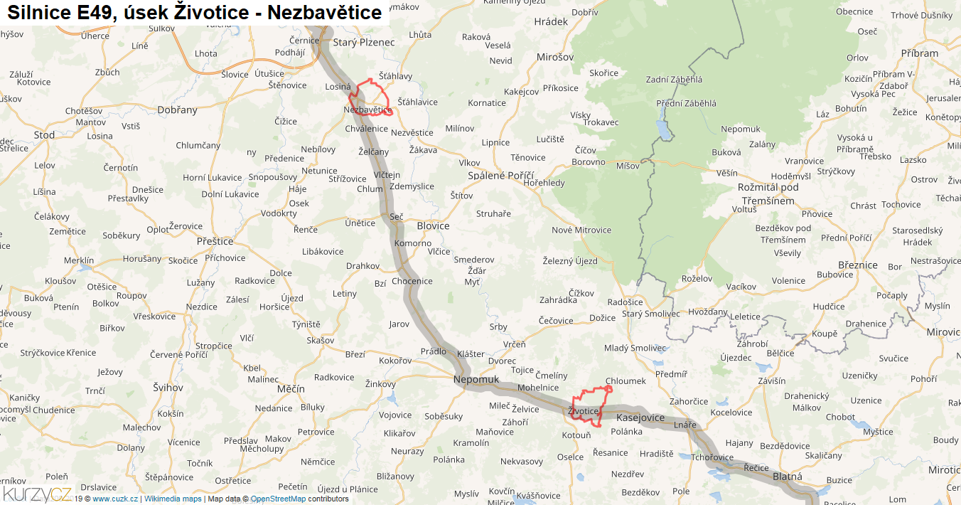 Úsek Životice - Nezbavětice, Silnice E49 - Mapa