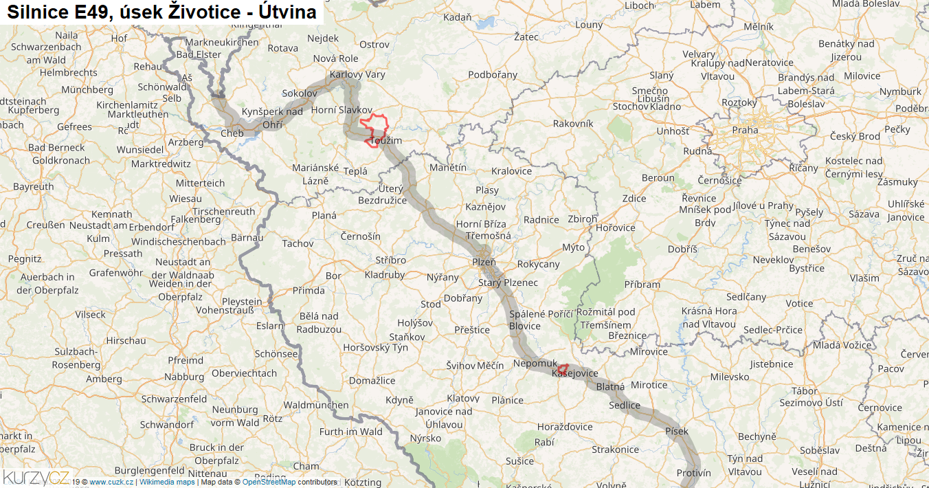 Úsek Životice - Útvina, Silnice E49 - Mapa