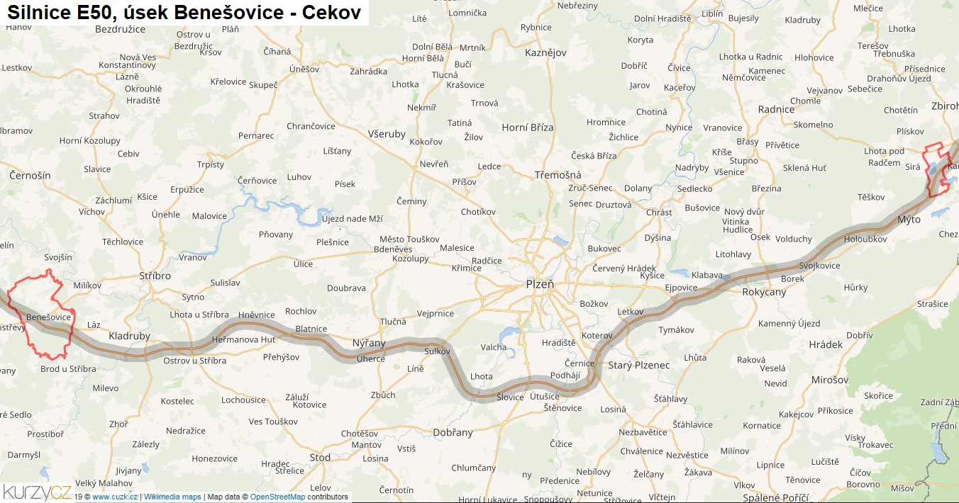 Úsek Benešovice - Cekov, Silnice E50 - Mapa