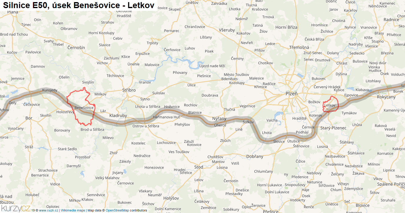 Úsek Benešovice - Letkov, Silnice E50 - Mapa