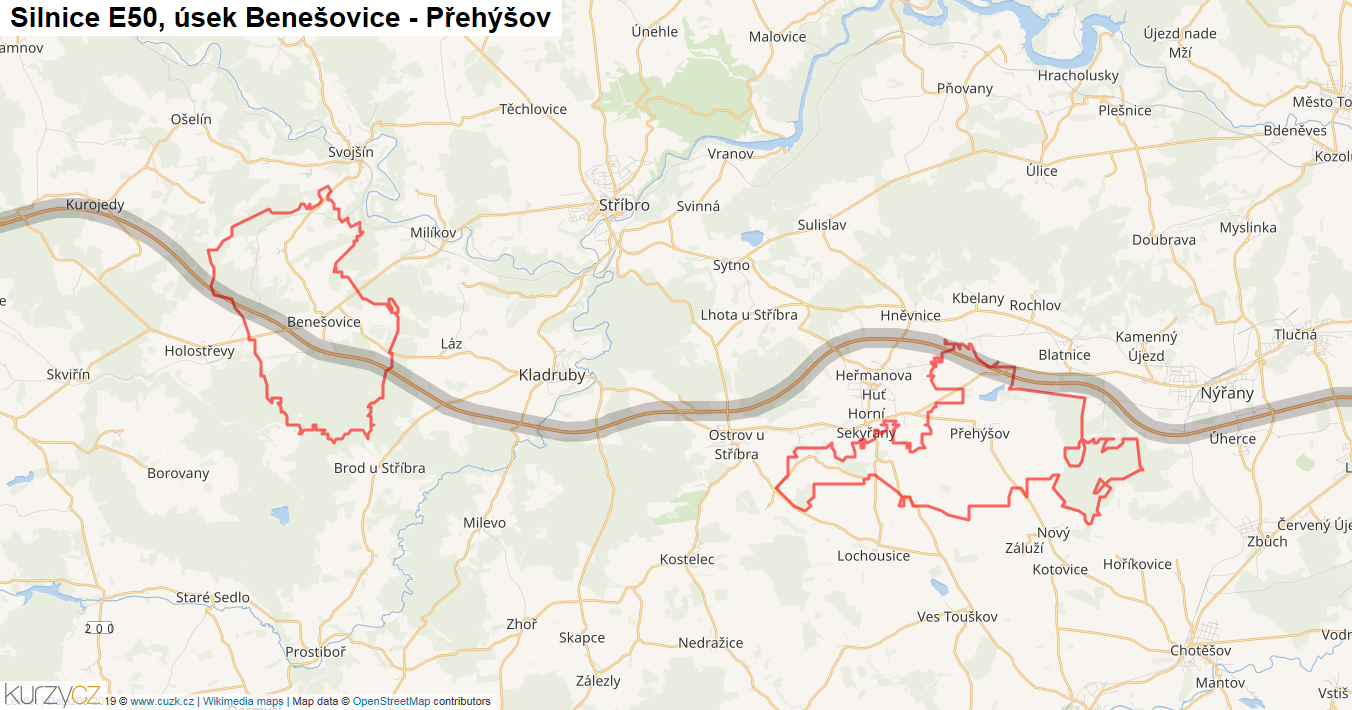 Úsek Benešovice - Přehýšov, Silnice E50 - Mapa