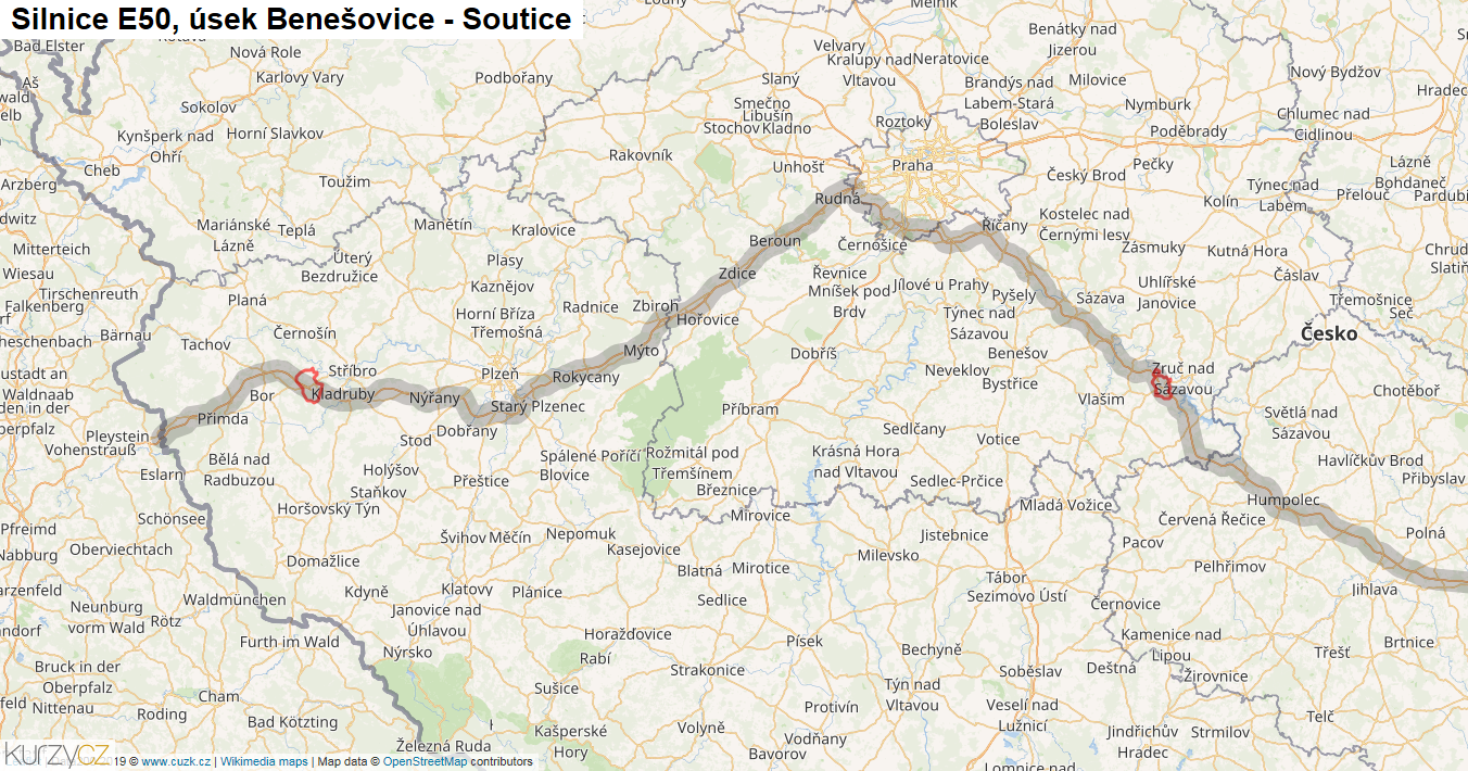 Úsek Benešovice - Soutice, Silnice E50 - Mapa
