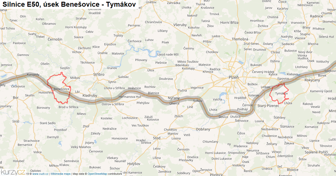 Úsek Benešovice - Tymákov, Silnice E50 - Mapa