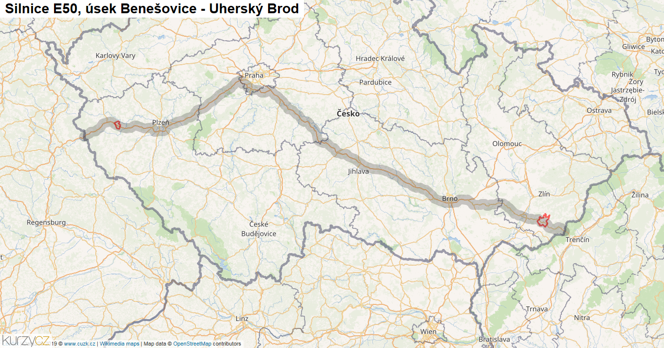 Úsek Benešovice - Uherský Brod, Silnice E50 - Mapa