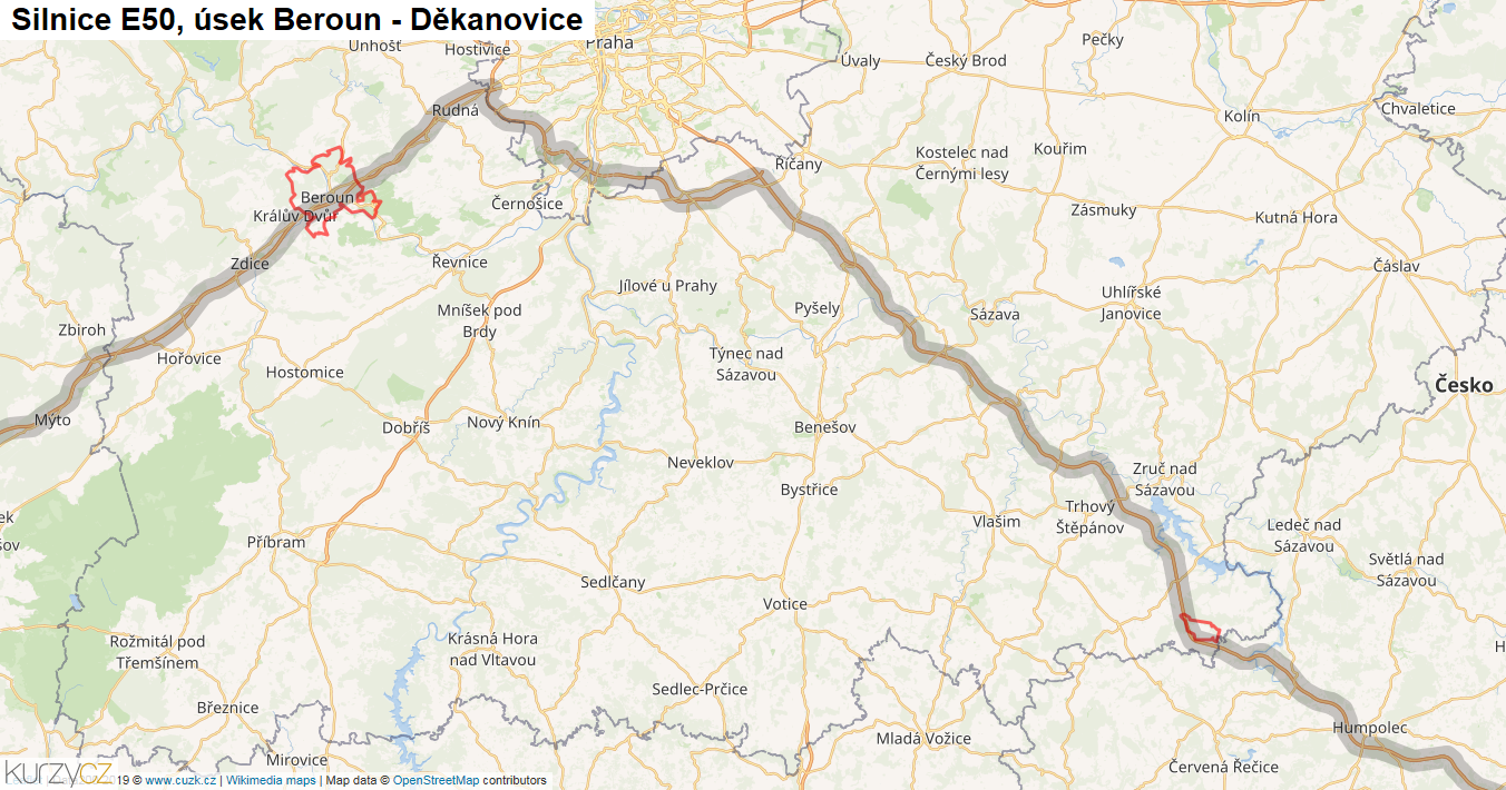 Úsek Beroun - Děkanovice, Silnice E50 - Mapa