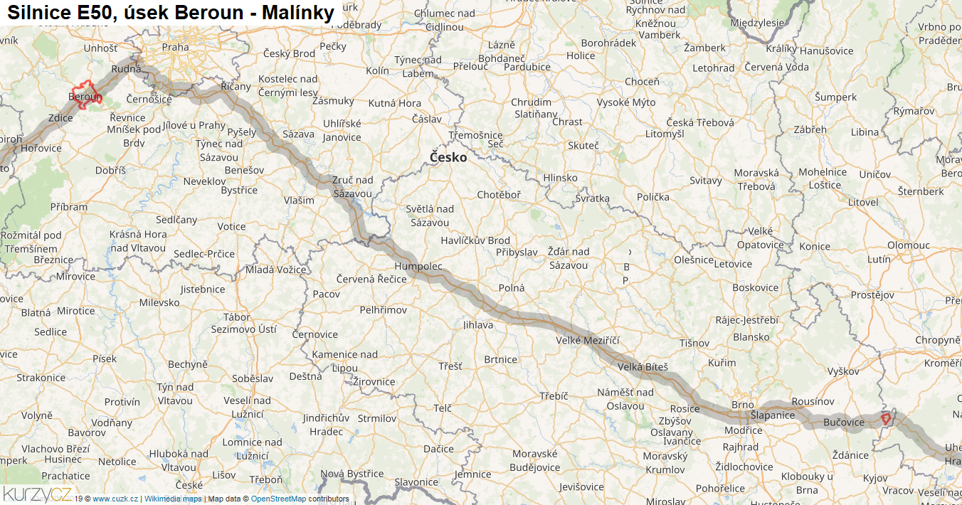 Úsek Beroun - Malínky, Silnice E50 - Mapa