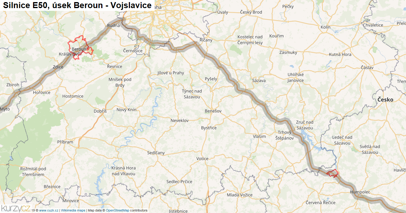 Úsek Beroun - Vojslavice, Silnice E50 - Mapa
