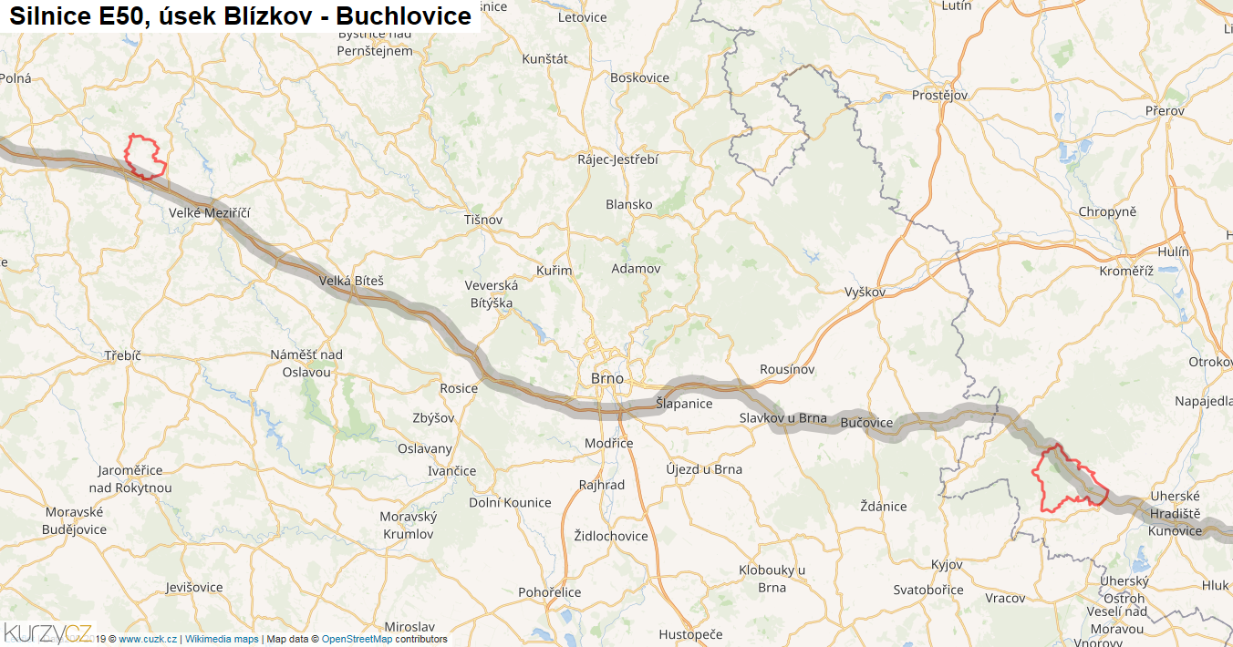 Úsek Blízkov - Buchlovice, Silnice E50 - Mapa