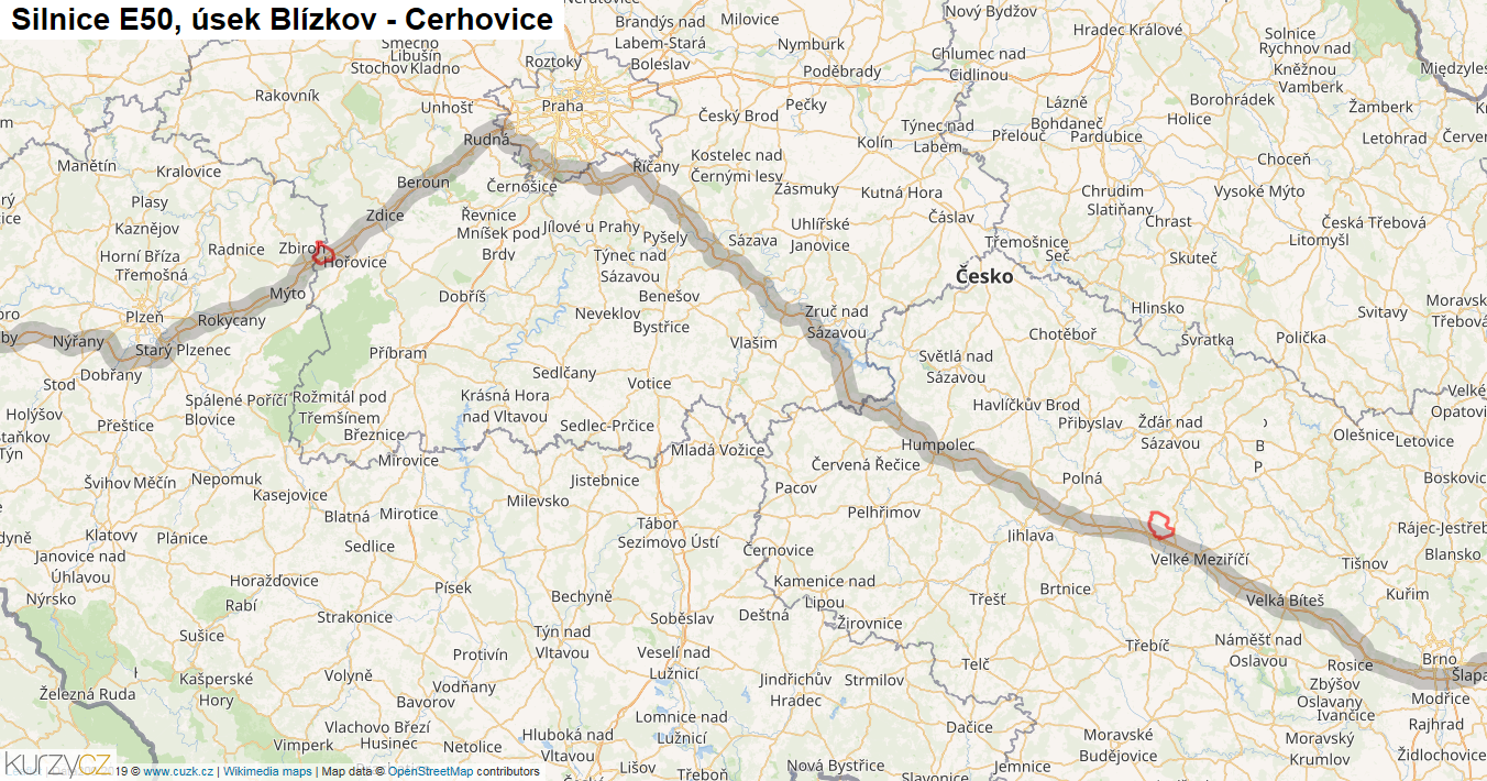 Úsek Blízkov - Cerhovice, Silnice E50 - Mapa