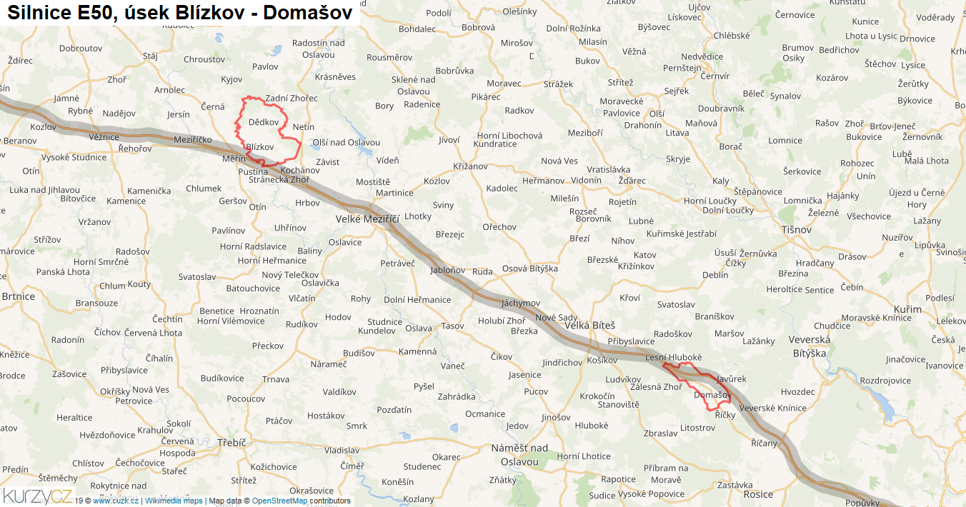 Úsek Blízkov - Domašov, Silnice E50 - Mapa