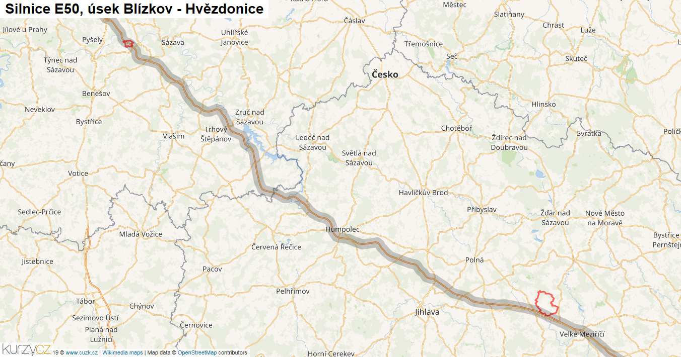 Úsek Blízkov - Hvězdonice, Silnice E50 - Mapa