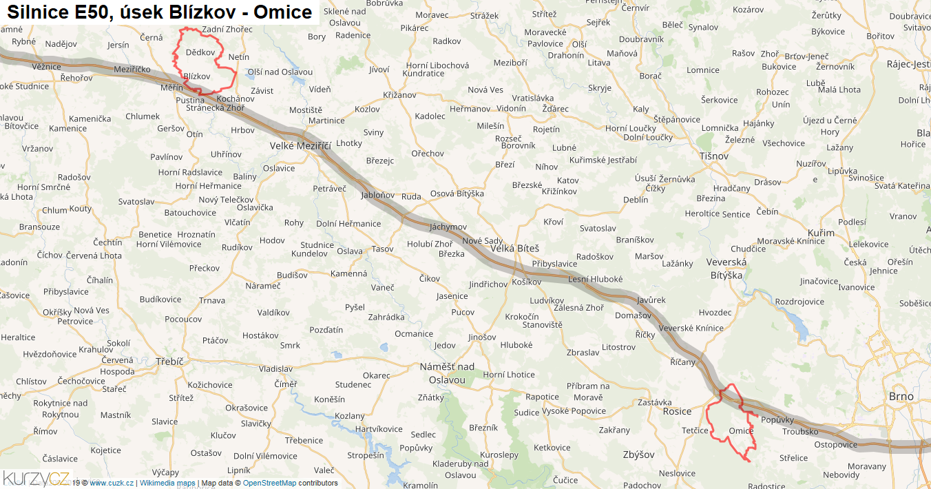 Úsek Blízkov - Omice, Silnice E50 - Mapa