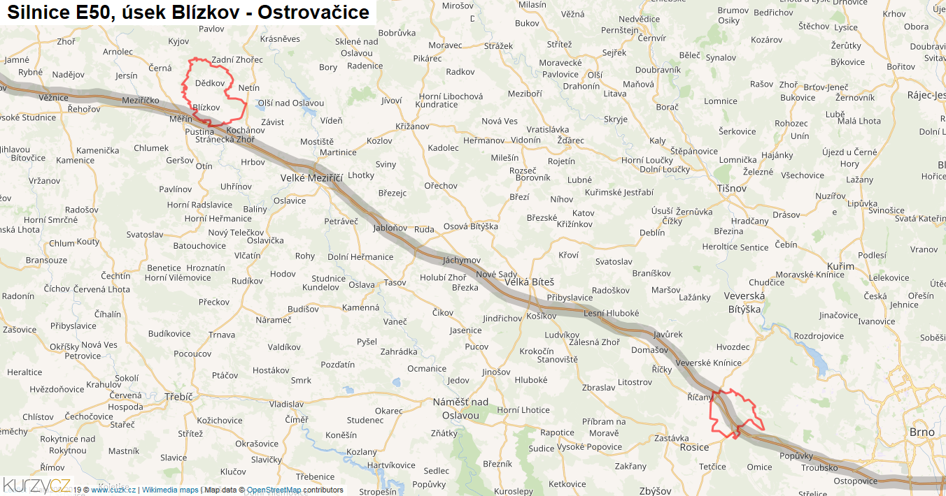 Úsek Blízkov - Ostrovačice, Silnice E50 - Mapa