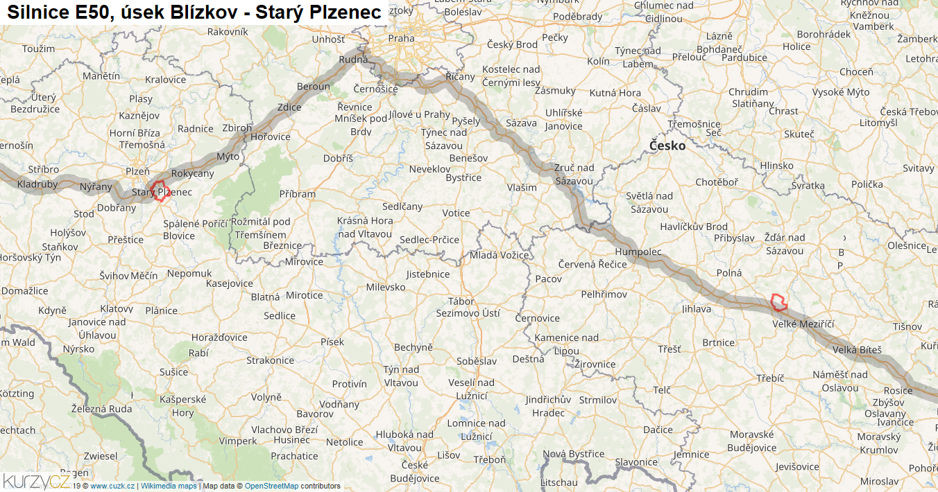 Úsek Blízkov - Starý Plzenec, Silnice E50 - Mapa