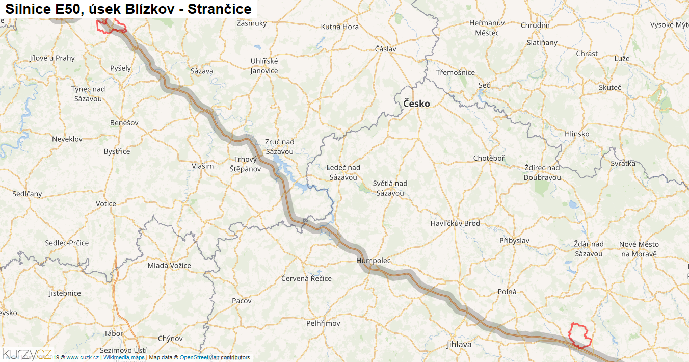 Úsek Blízkov - Strančice, Silnice E50 - Mapa