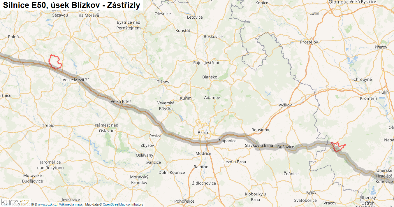 Úsek Blízkov - Zástřizly, Silnice E50 - Mapa