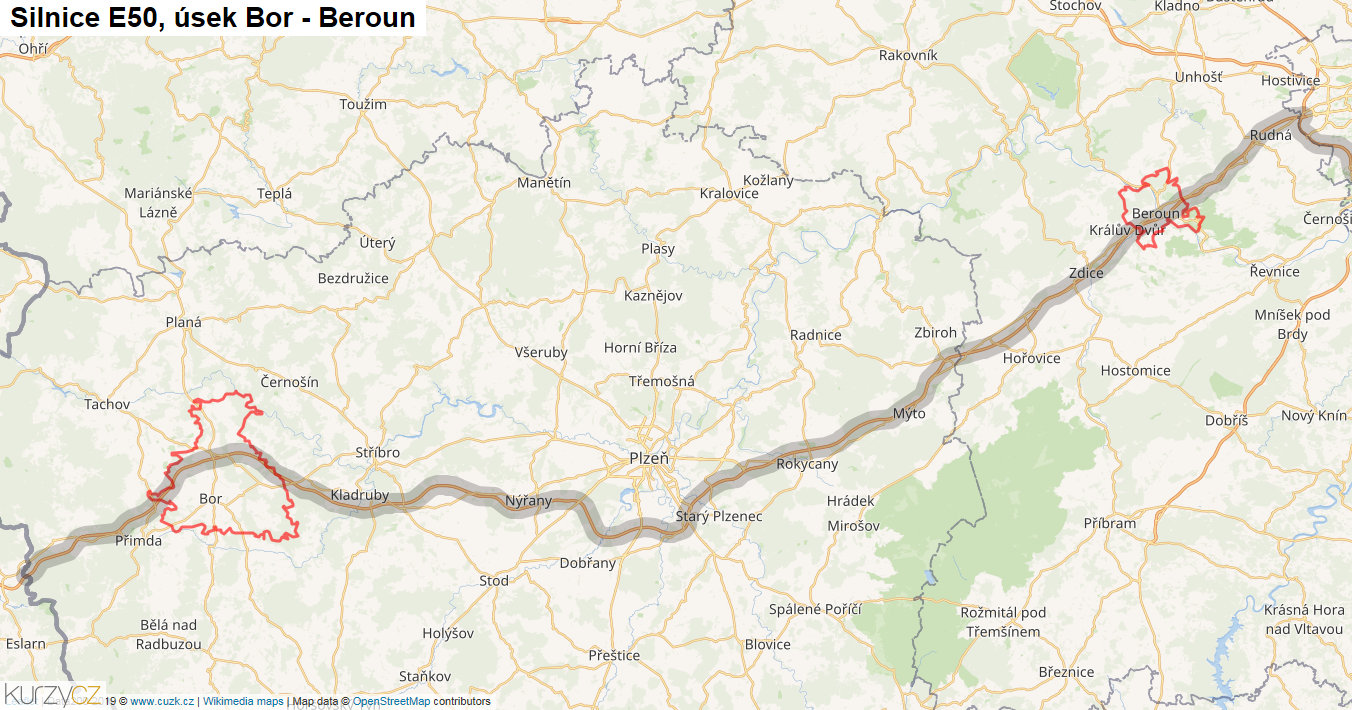 Úsek Bor - Beroun, Silnice E50 - Mapa