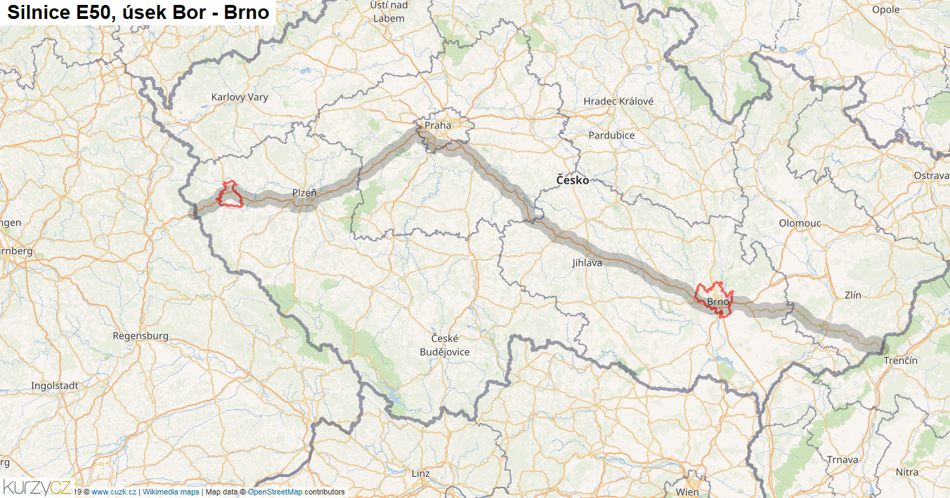 Úsek Bor - Brno, Silnice E50 - Mapa