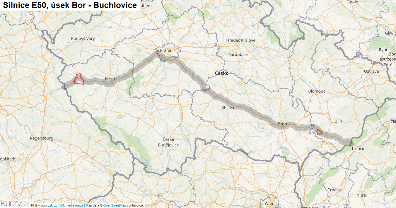 Úsek Bor - Buchlovice, Silnice E50 - Mapa