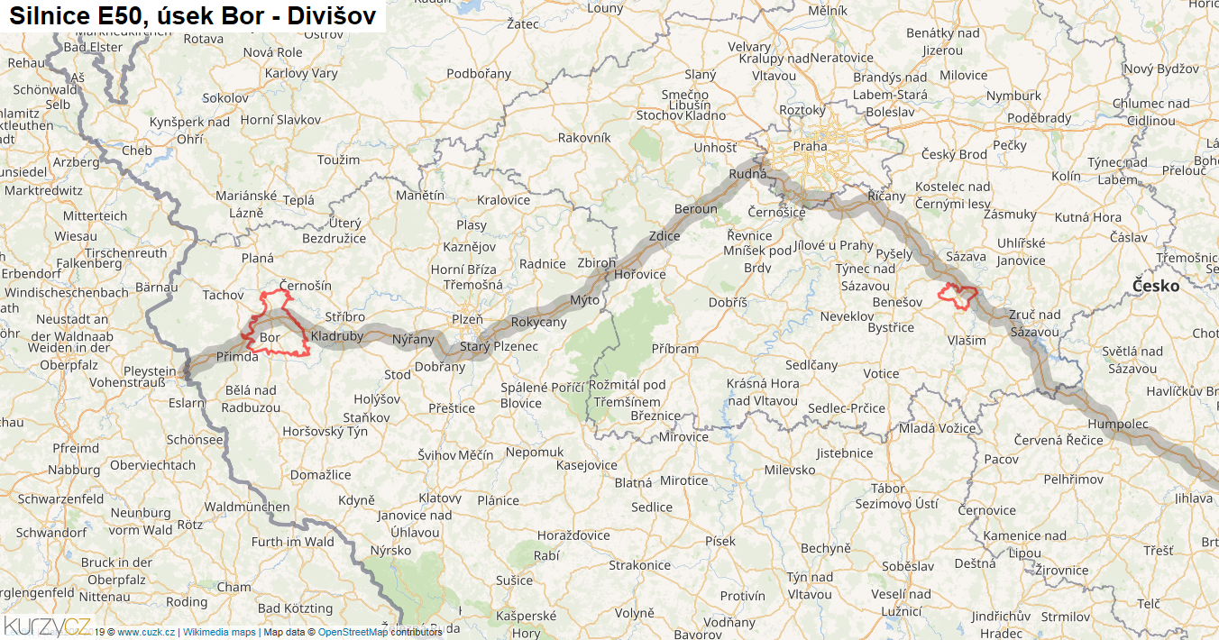 Úsek Bor - Divišov, Silnice E50 - Mapa