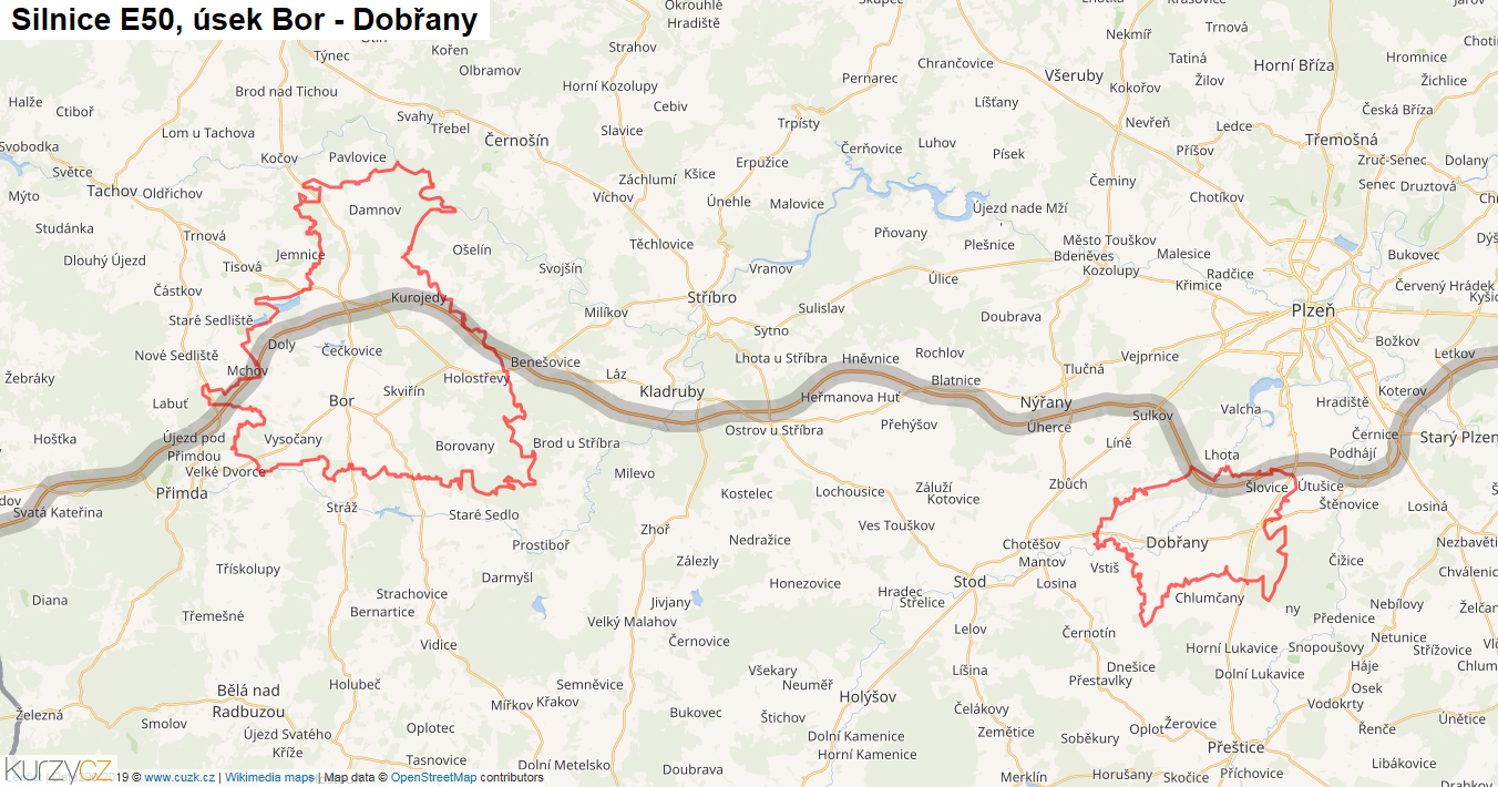 Úsek Bor - Dobřany, Silnice E50 - Mapa