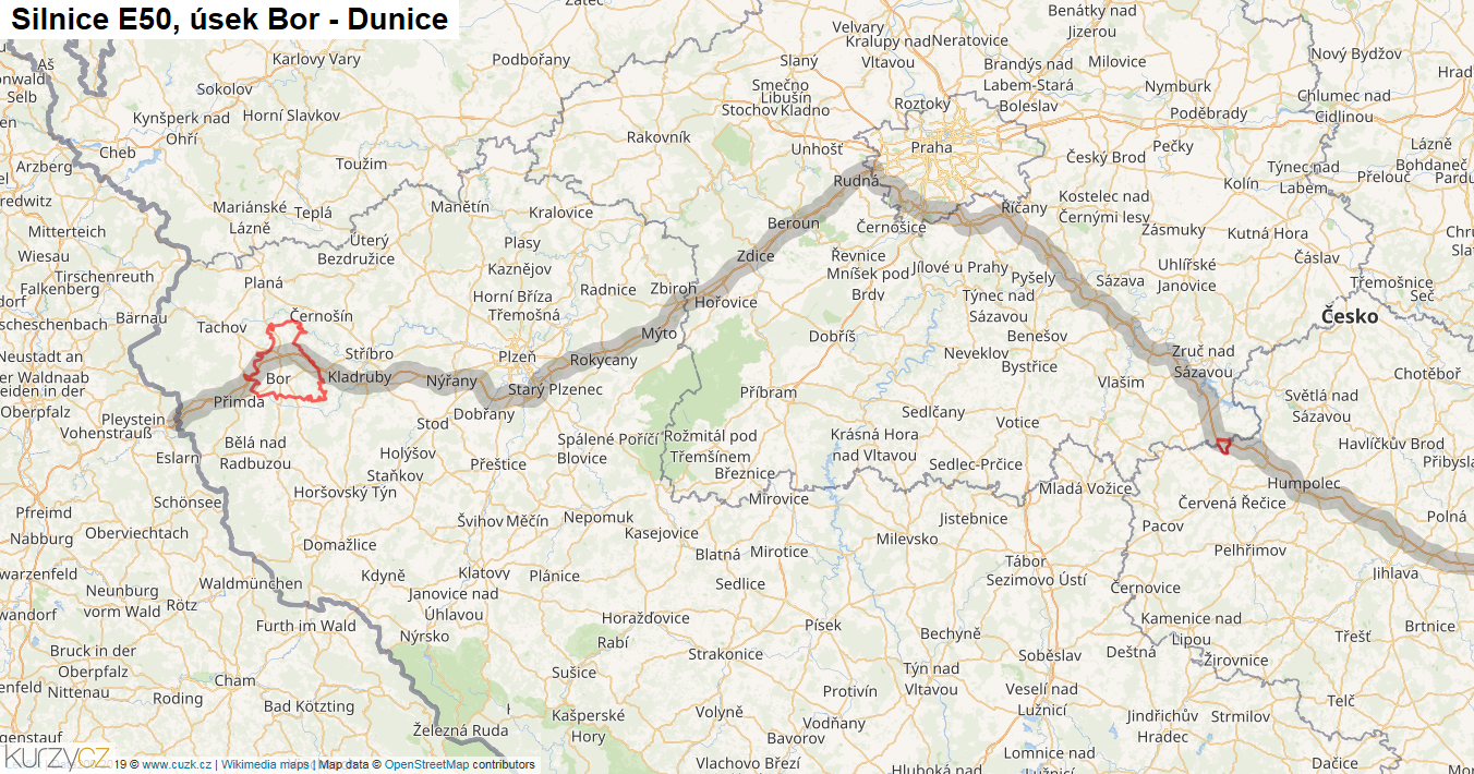 Úsek Bor - Dunice, Silnice E50 - Mapa