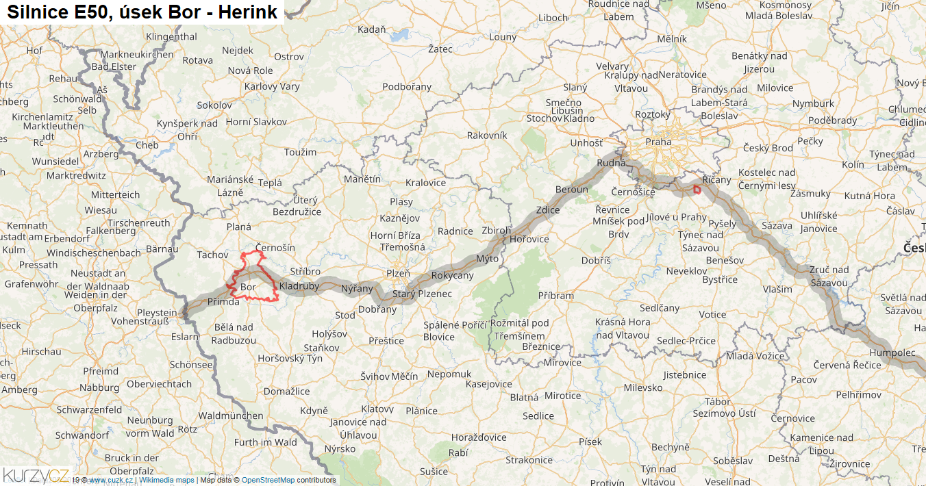 Úsek Bor - Herink, Silnice E50 - Mapa