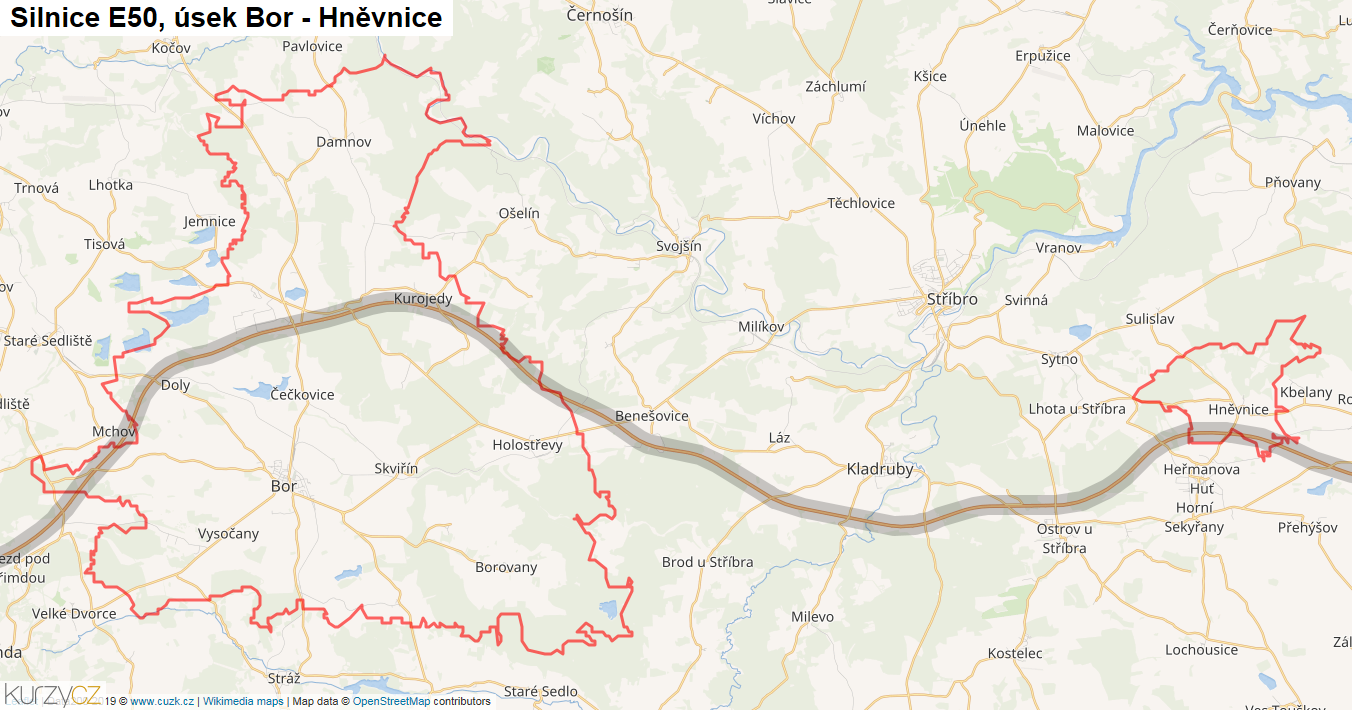 Úsek Bor - Hněvnice, Silnice E50 - Mapa